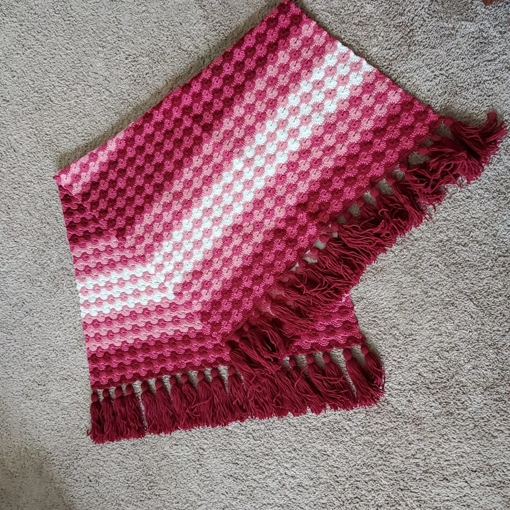 Afghan Handmade Maroon pink white 62L x 36W w/ 6